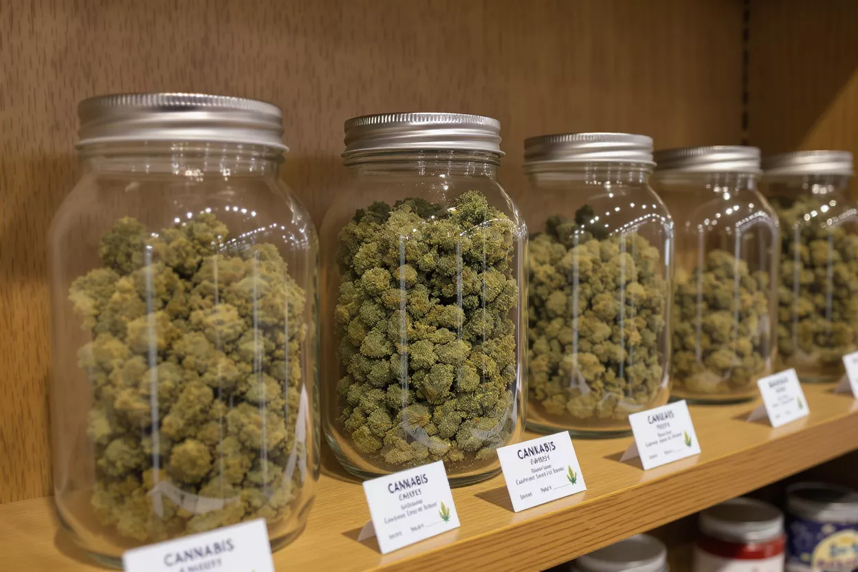 Cannabis Jars on Display Several glass jars filled with cannabis buds on a wooden shelf in a dispensary.