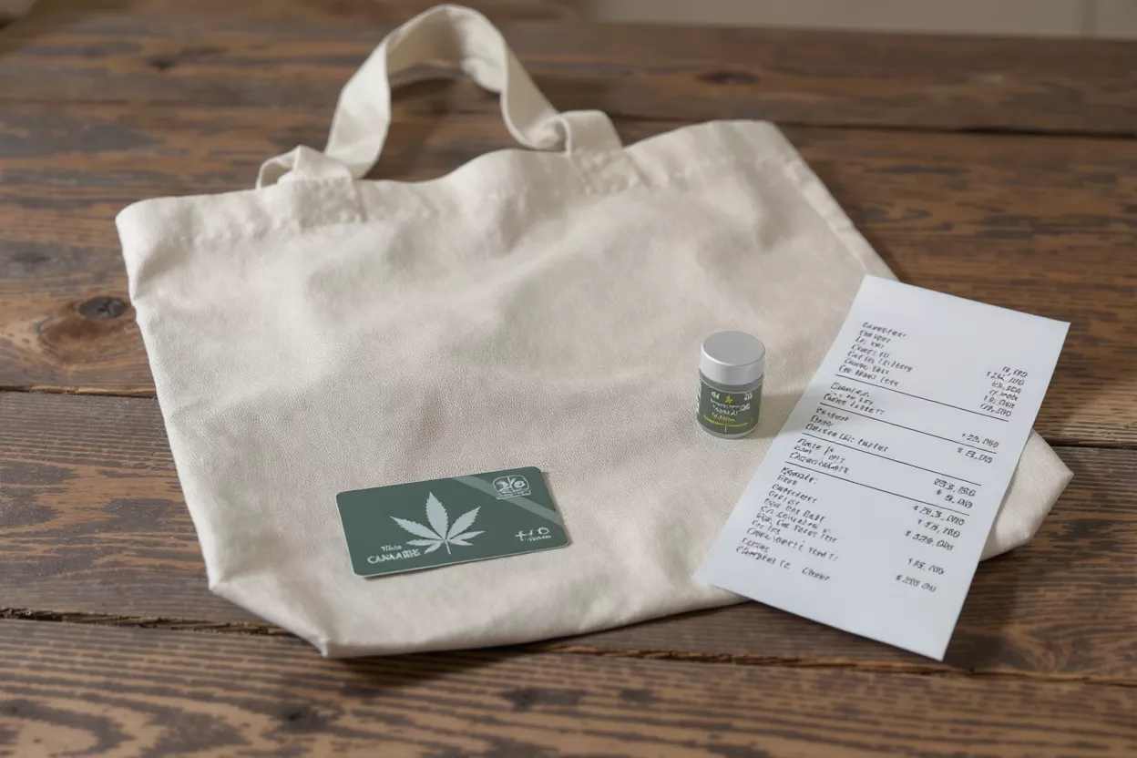 Cannabis Products and Receipt Cannabis products, a receipt, and a tote bag on a wooden table.