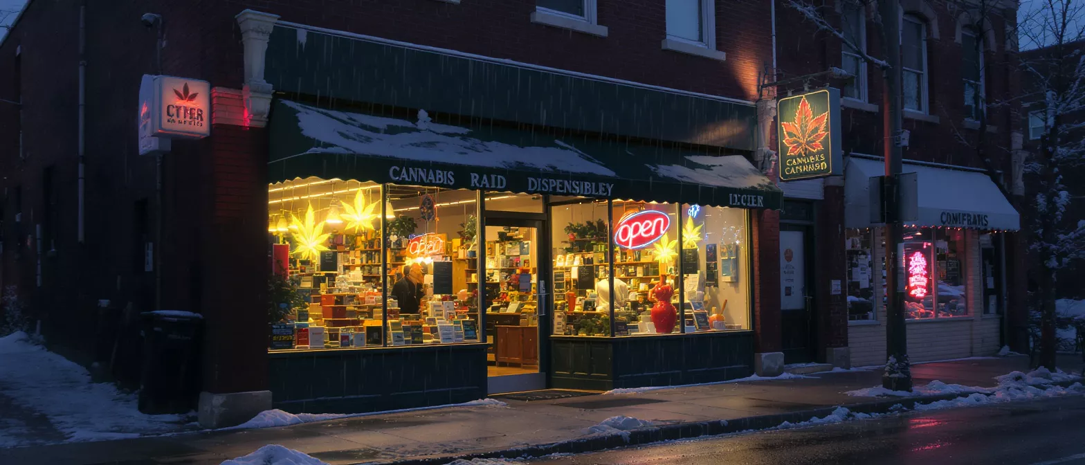 A brightly lit cannabis dispensary on a snowy street at dusk.