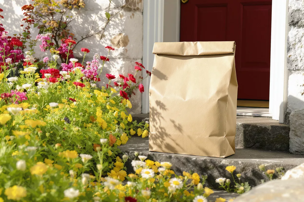 Brown paper bag delivery package on a doorstep surrounded by colorful flowers.