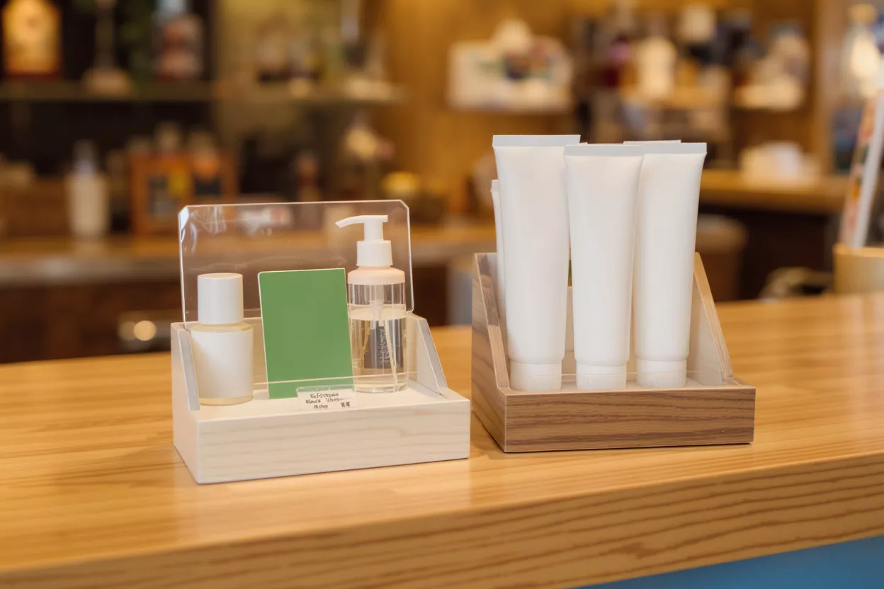 White skincare bottles and tubes displayed on wooden stands on a counter.