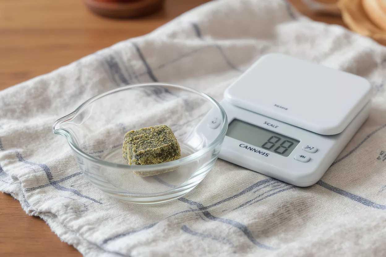 A cannabis edible in a glass bowl next to a digital scale.