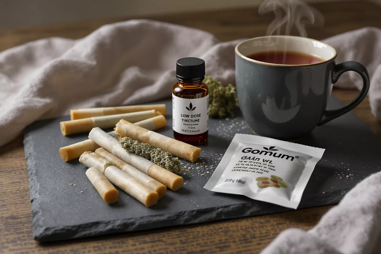 Cannabis tincture, pre-rolls, and tea on a slate board with a white cloth.
