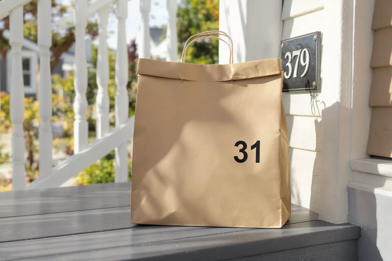 Delivery Bag on Porch A brown paper delivery bag with '31' on it, sitting on a gray porch.