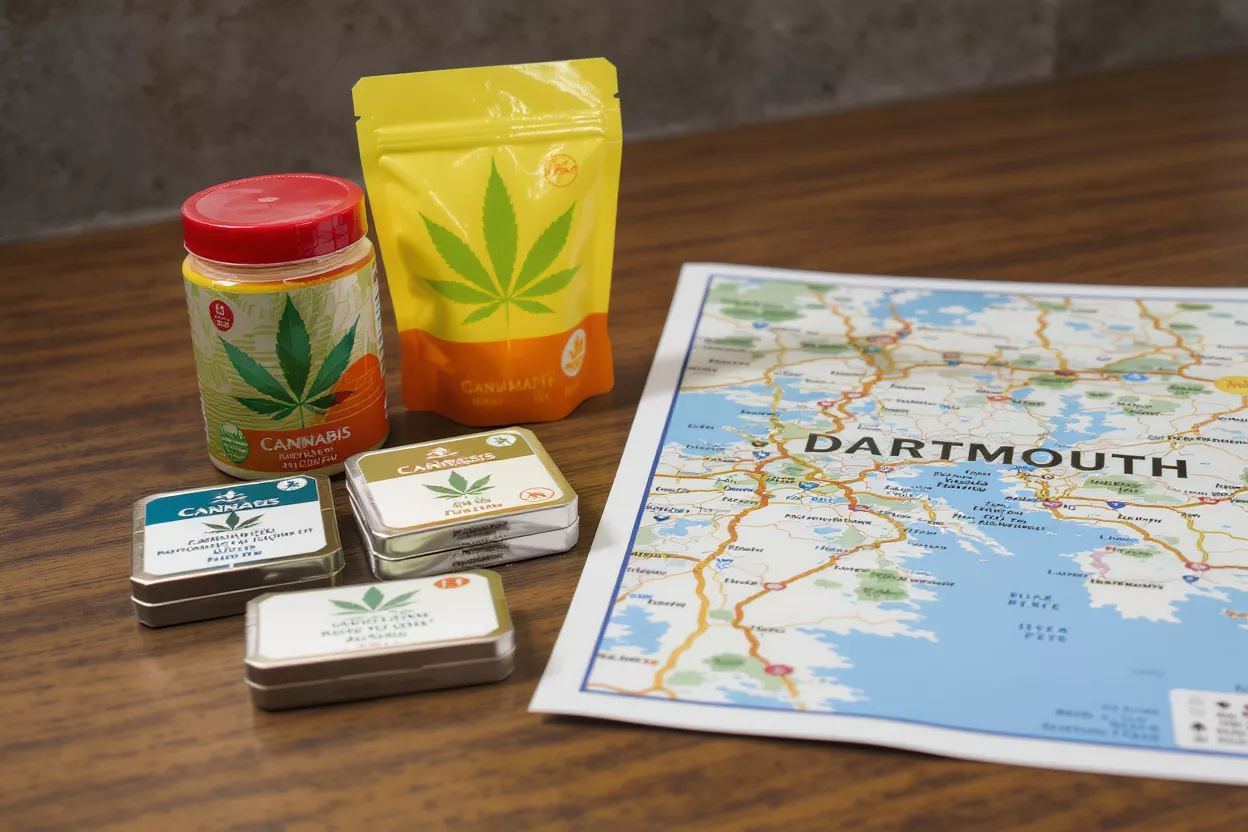 Cannabis Products and Dartmouth Map Various cannabis products and a map of Dartmouth on a wooden table.