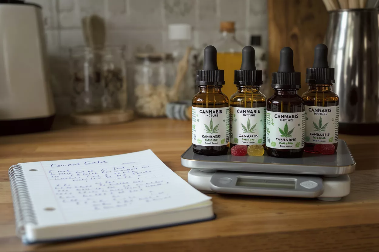 Cannabis Tincture Bottles and Gummies Four cannabis tincture bottles with droppers, gummies, and a notebook on a wooden counter.