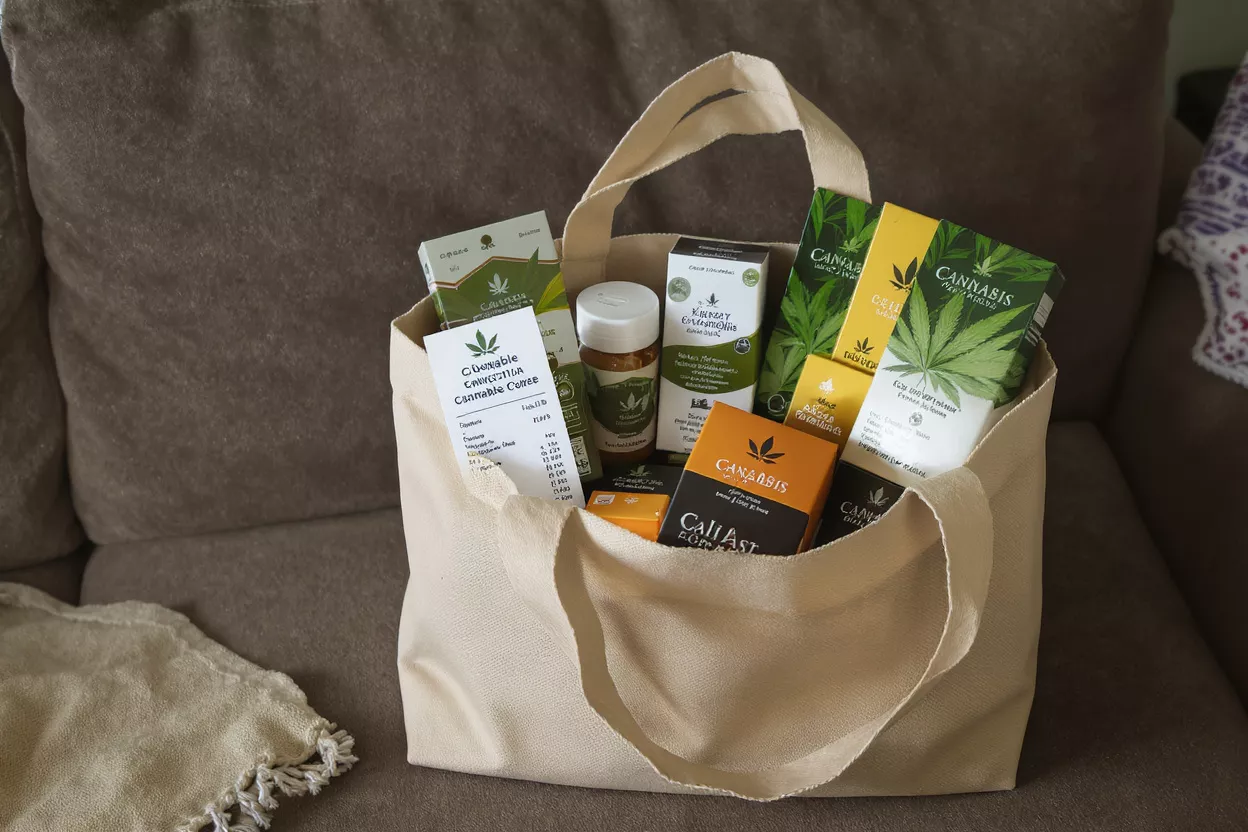 Cannabis Products Tote Bag A canvas tote bag filled with various cannabis products, including boxes and a bottle.