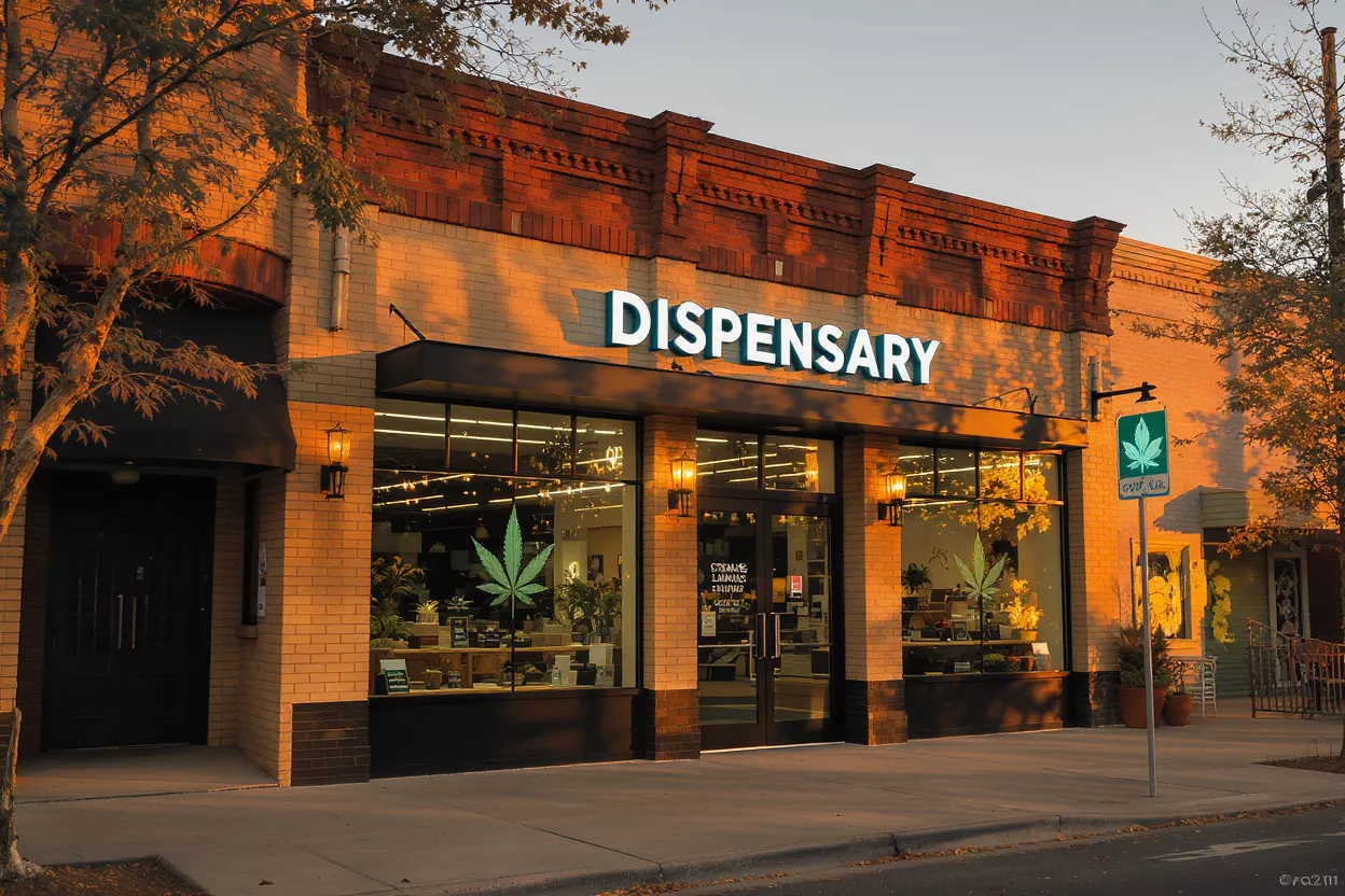 A brick cannabis dispensary building with a prominent "DISPENSARY" sign at sunset.
