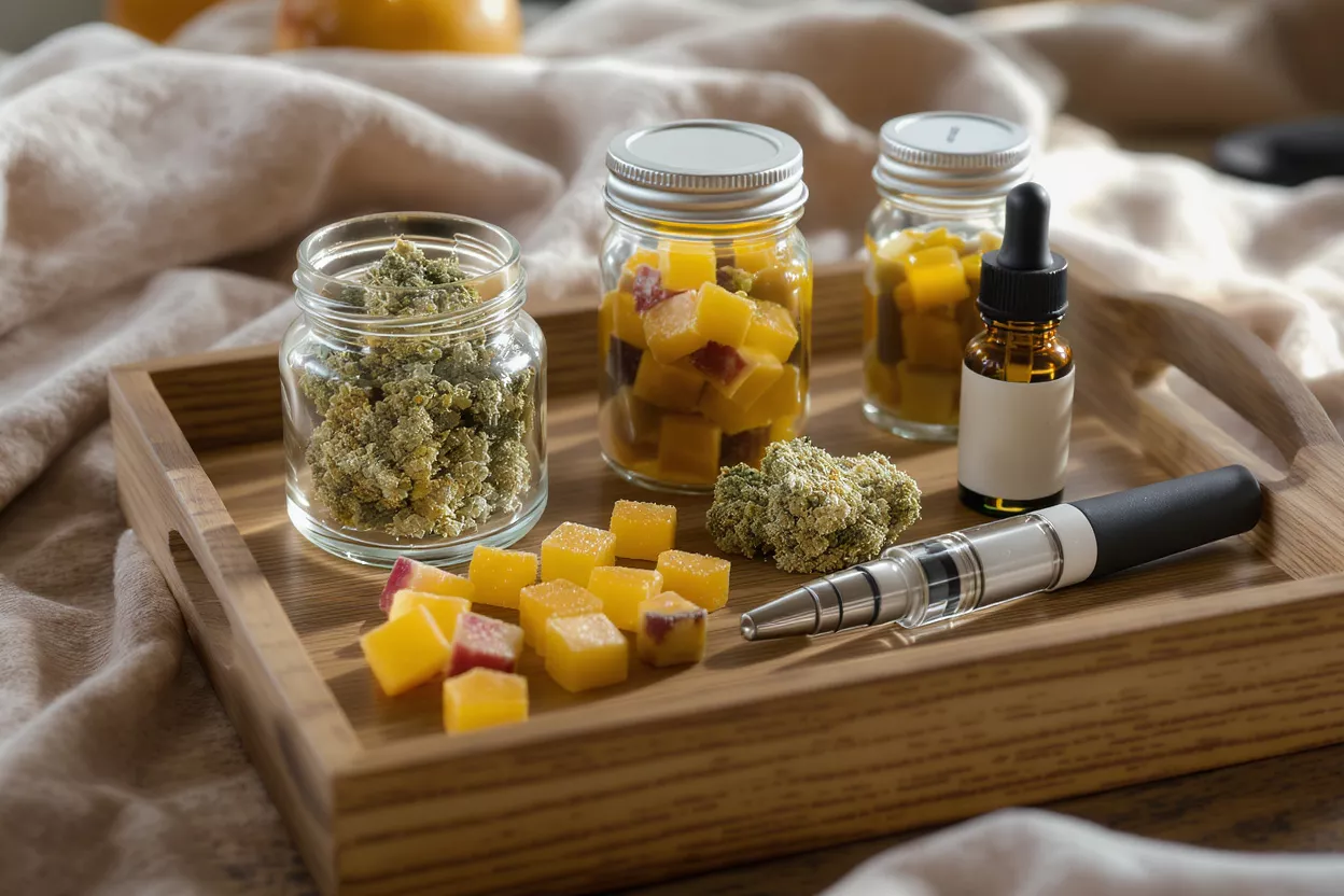 A wooden tray with cannabis flower, edibles, oil, and a vape pen.