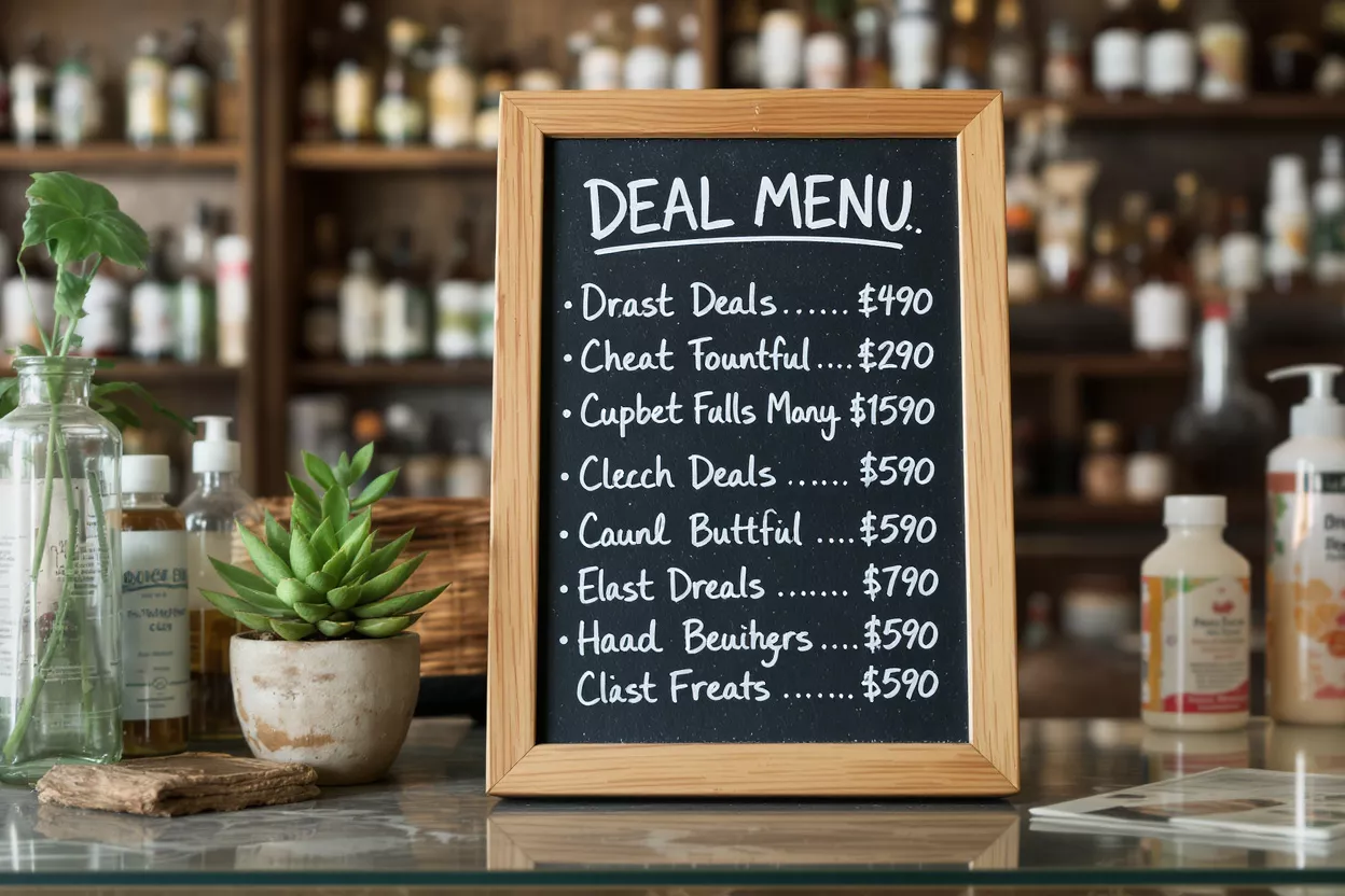 Chalkboard with a deal menu in a cafe setting with plants and bottles.