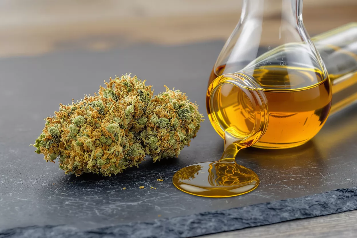 A cannabis bud next to a flask spilling golden oil on a dark surface.