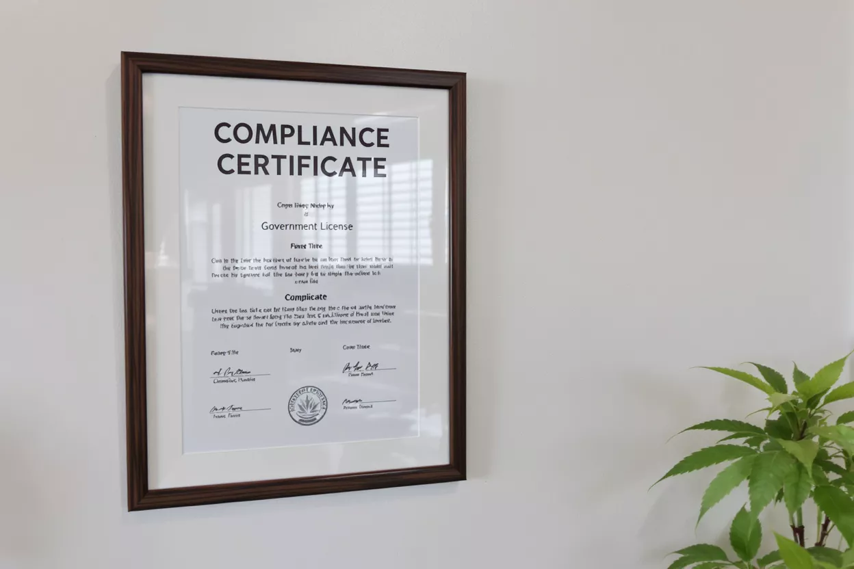 Framed compliance certificate and government license on a white wall next to a green plant.