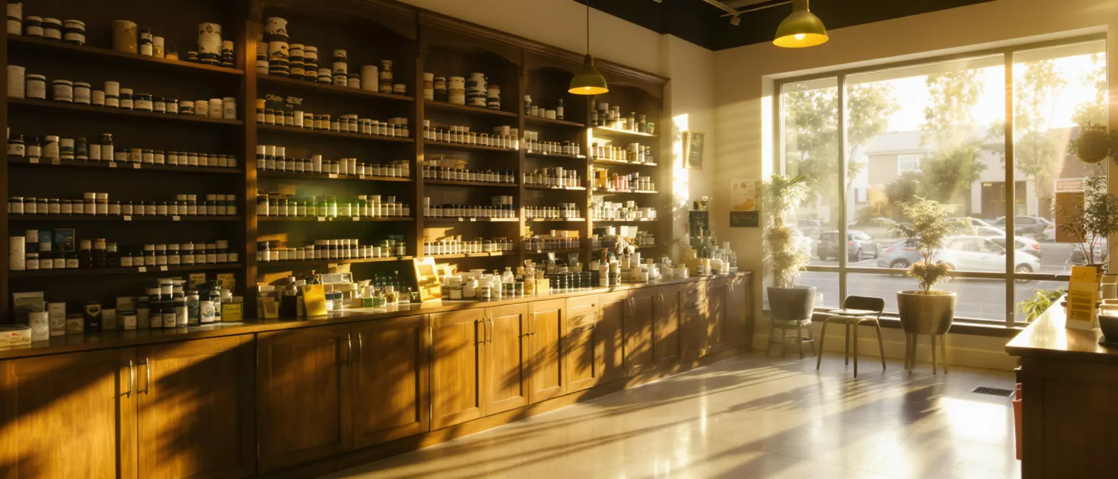 Interior of a herbal remedy store with shelves full of products and bright sunlight.