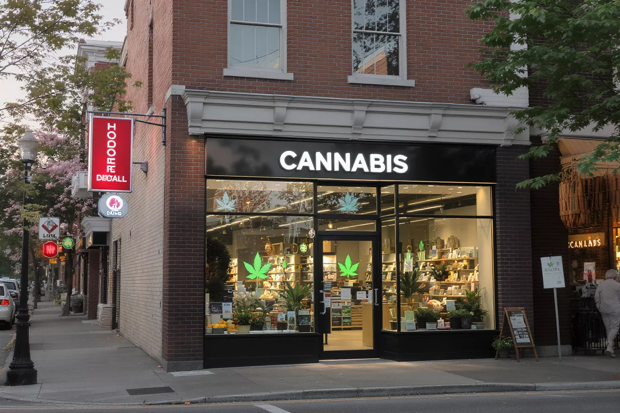 Cannabis Dispensary Storefront Exterior view of a modern cannabis dispensary on a brick building street.