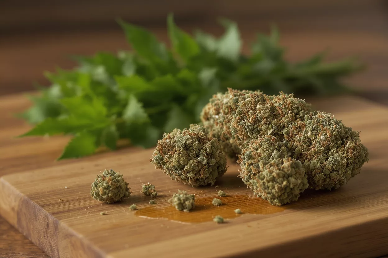 Cannabis Buds and Extract Close-up of cannabis buds, leaves, and extract on a wooden surface.