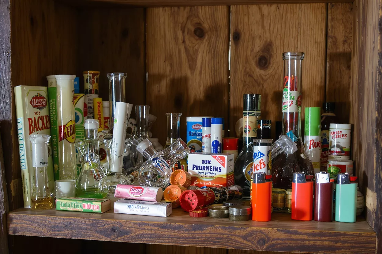 Shelf with Bongs and Lighters A wooden shelf filled with various bongs, grinders, and colorful lighters.