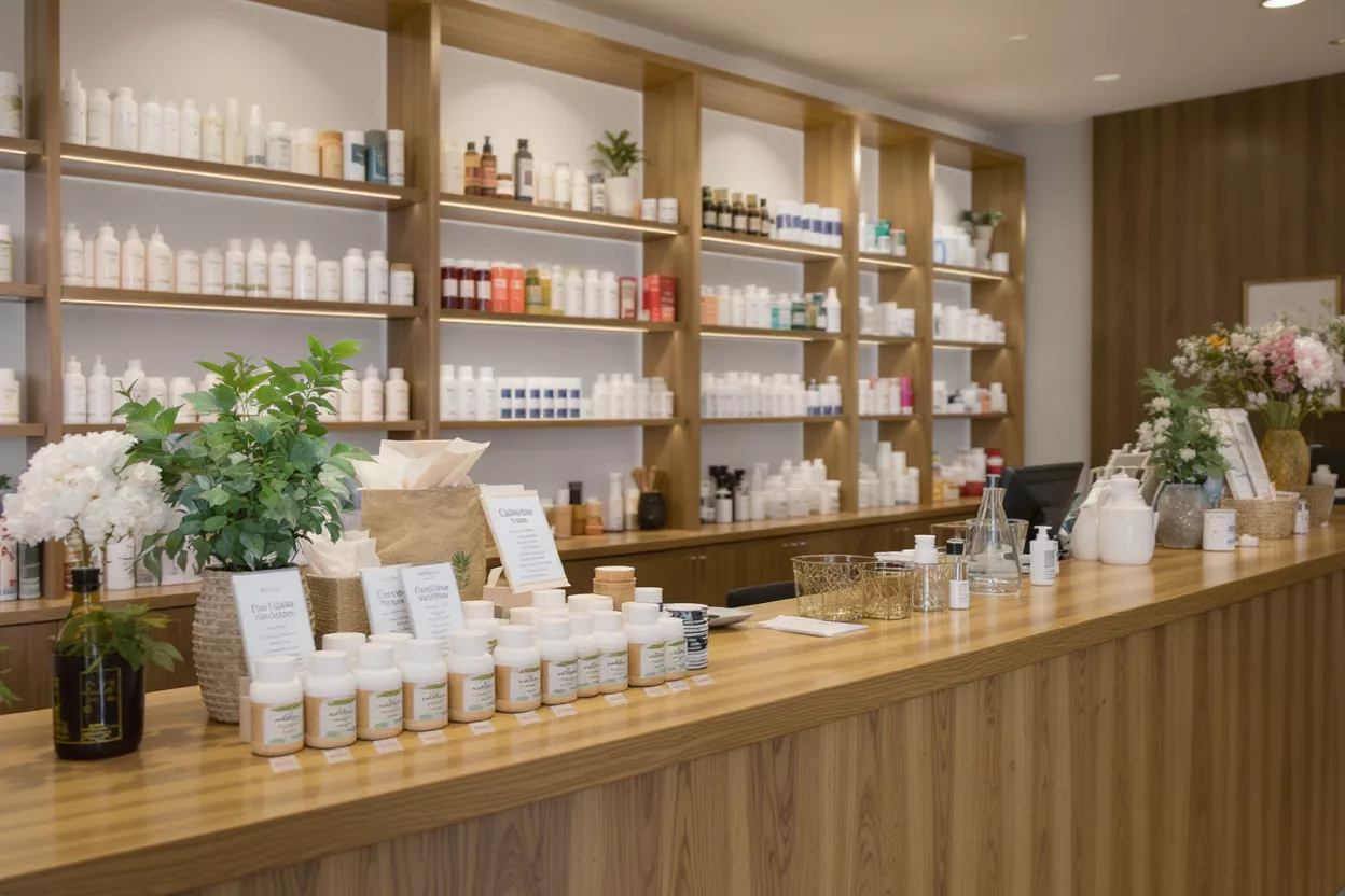 Health and Wellness Store Interior Interior of a health and wellness store with products on shelves and counter.