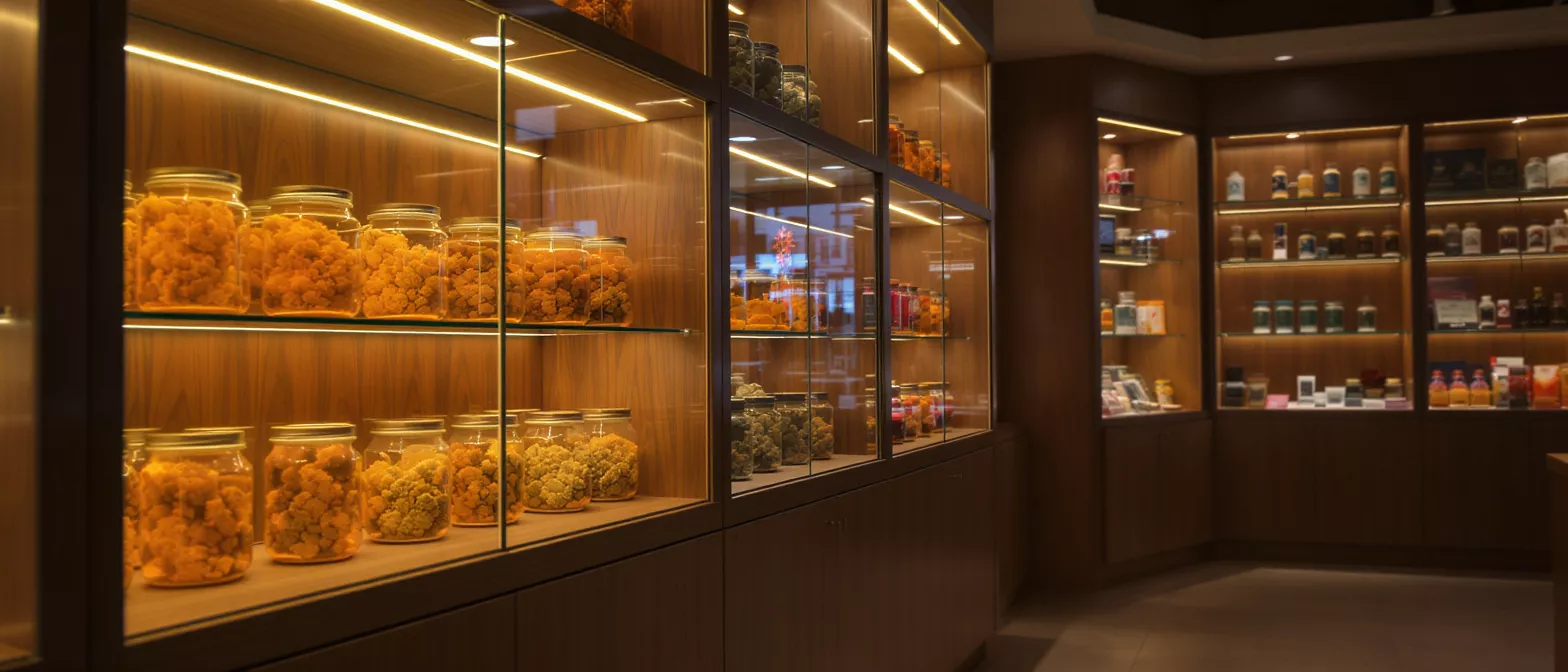Brightly lit display cases in a cannabis dispensary with jars of product.