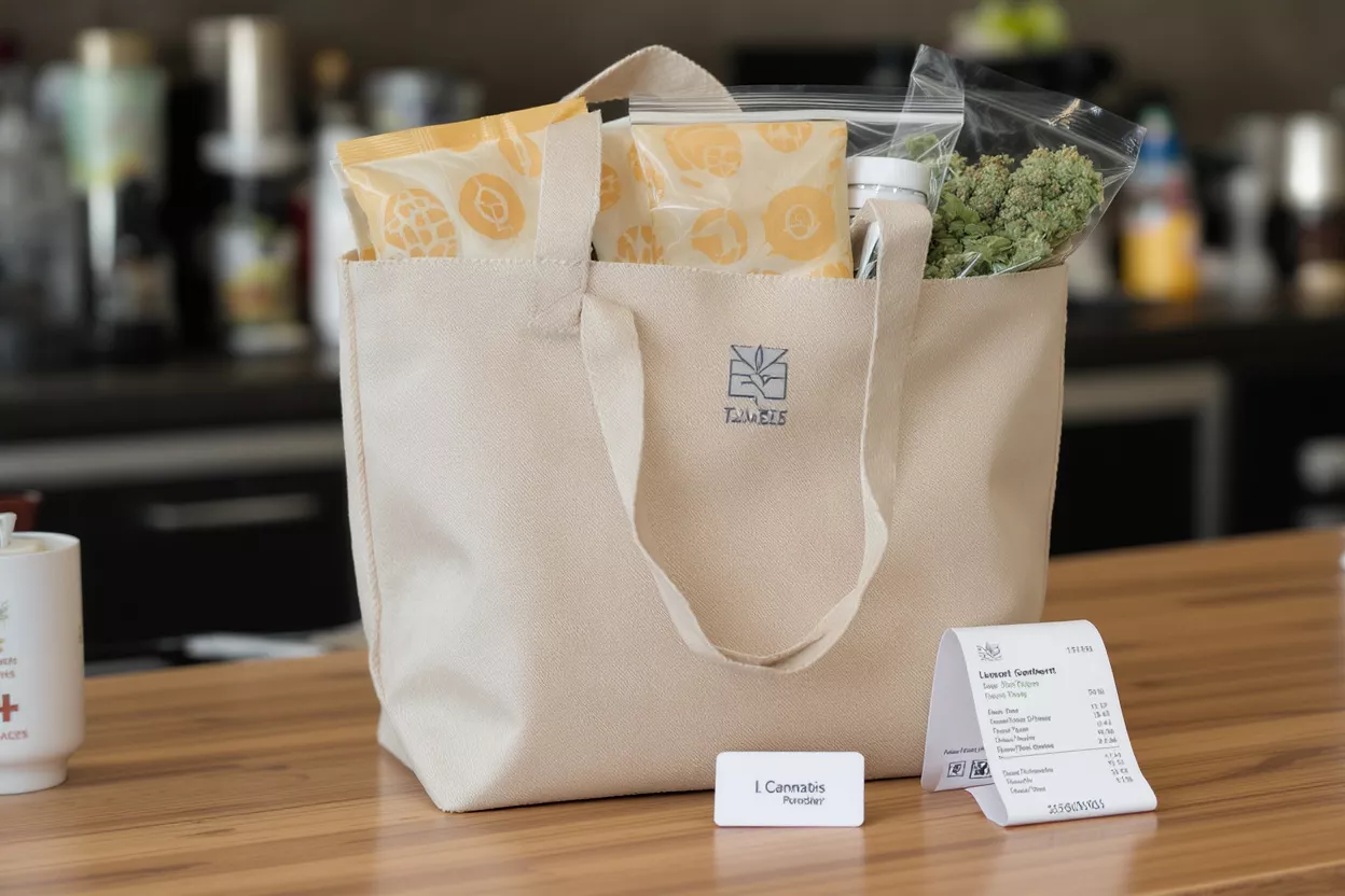 Cannabis Dispensary Tote Bag and Receipt Beige tote bag filled with cannabis products, name tag, and receipt on a wooden counter.