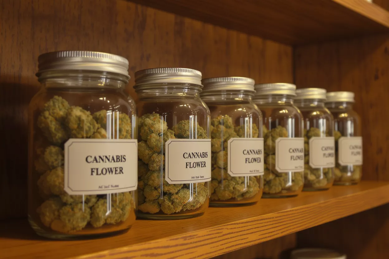 Cannabis Flower Jars on Shelf Several glass jars labeled "Cannabis Flower" filled with green buds on a wooden shelf.