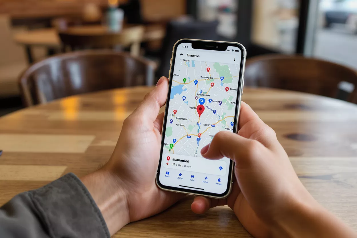 Person Using Phone Map App Hands holding a smartphone displaying a map application with Edmonton highlighted.