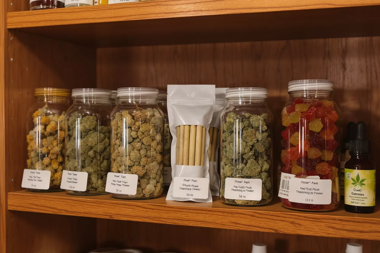 Cannabis Products on Display Various cannabis products including flower, pre-rolls, and edibles on a wooden shelf.