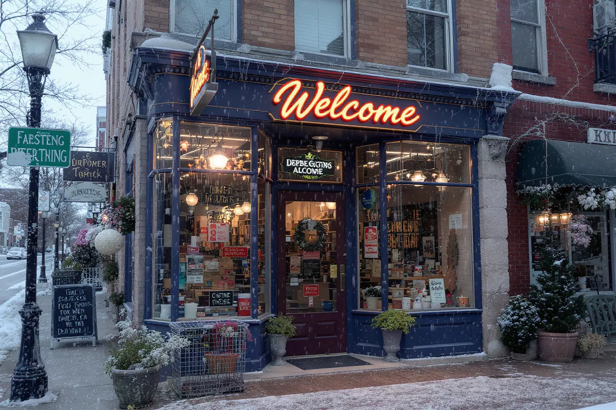 Charming Snowy Storefront A cozy storefront with a neon 'Welcome' sign, covered in a light dusting of snow.