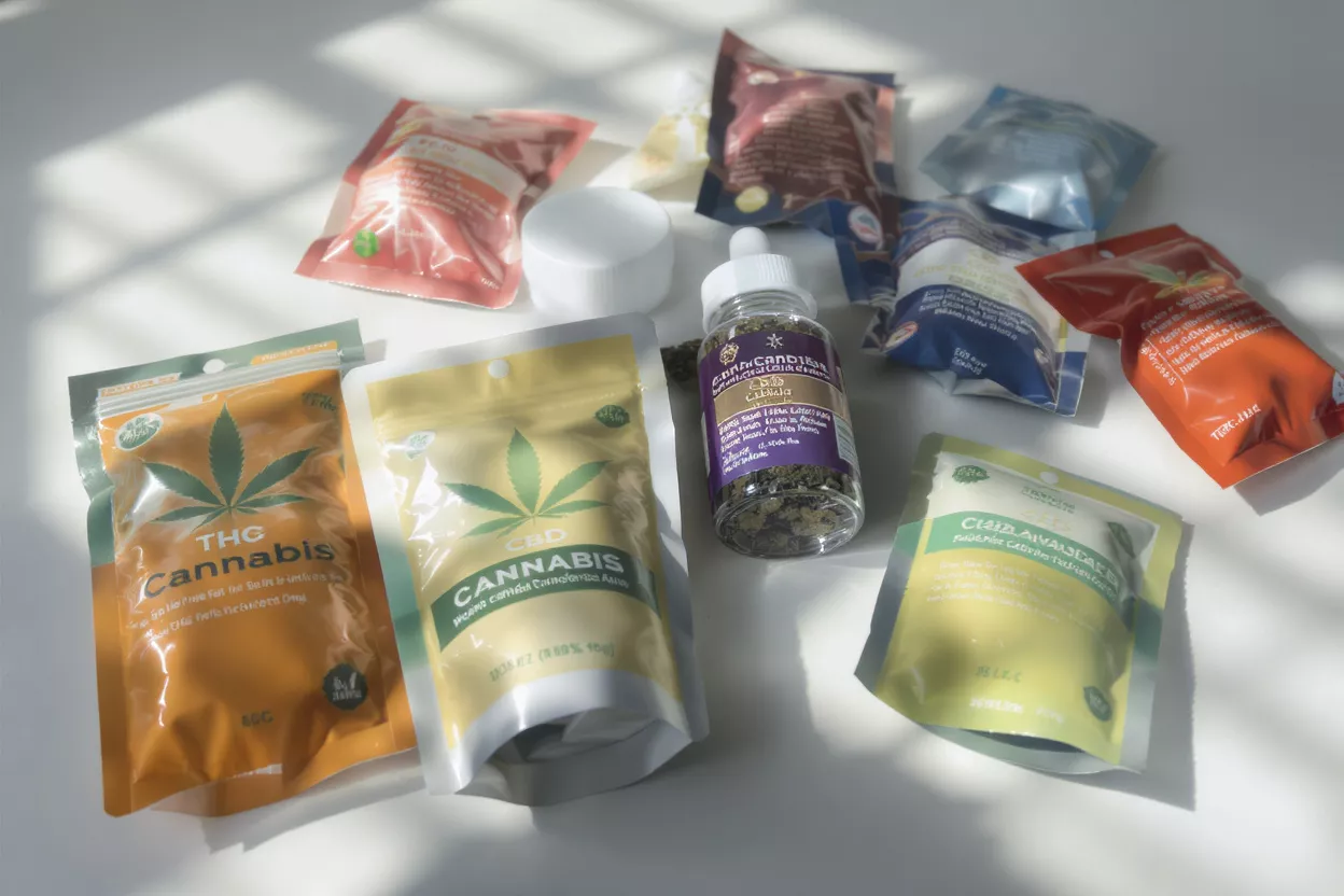 Various Cannabis Products Packaging Assortment of cannabis products in various packaging, including THC, CBD, and other items.