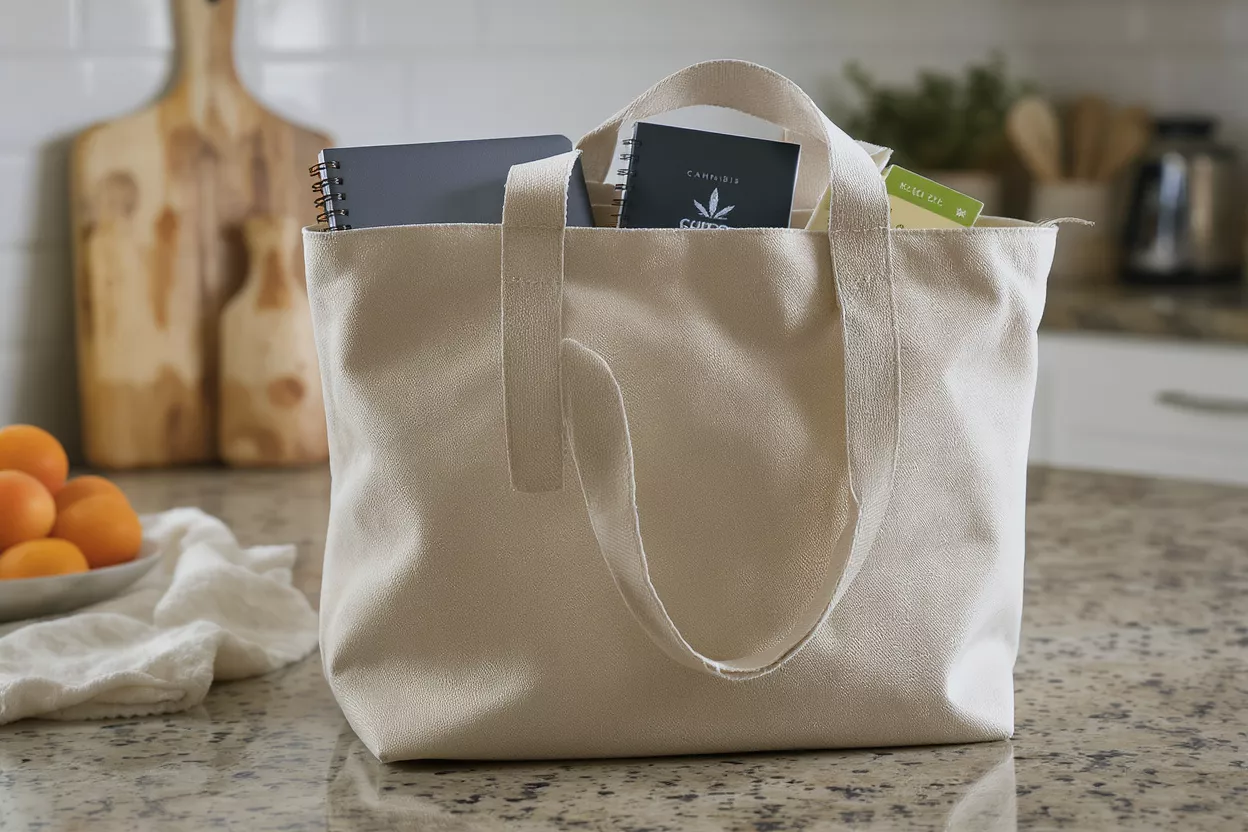Cream Canvas Tote Bag Cream canvas tote bag on a kitchen counter with notebooks and fruit.