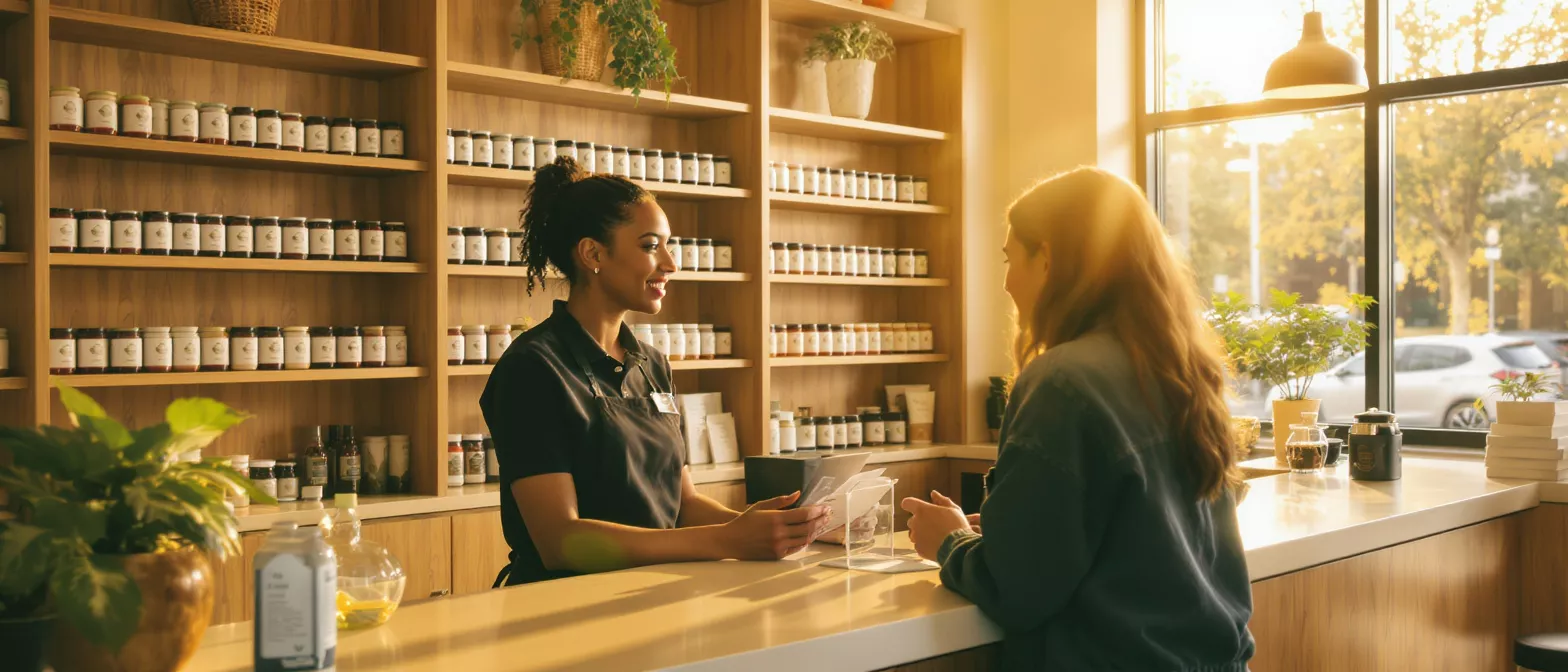 Smiling employee assisting a customer at a counter in a natural products store.