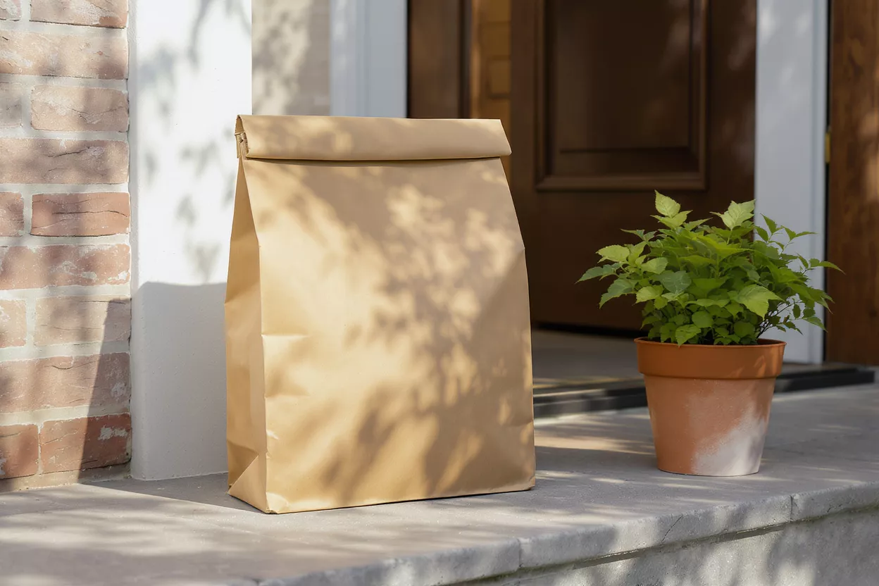 Brown paper bag delivery on a doorstep with a potted plant and brick wall.