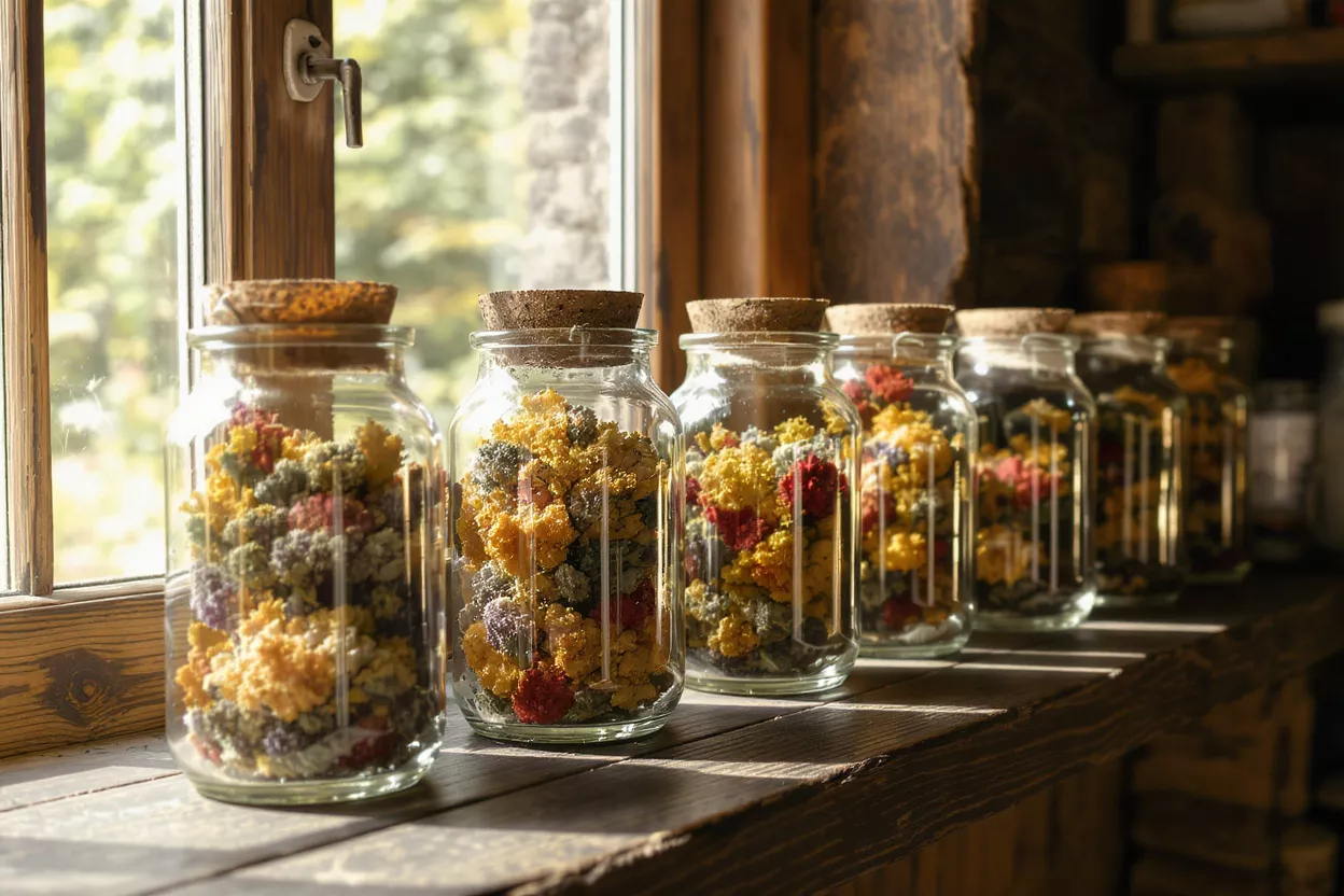 Row of glass jars filled with colorful dried flowers on a wooden windowsill.