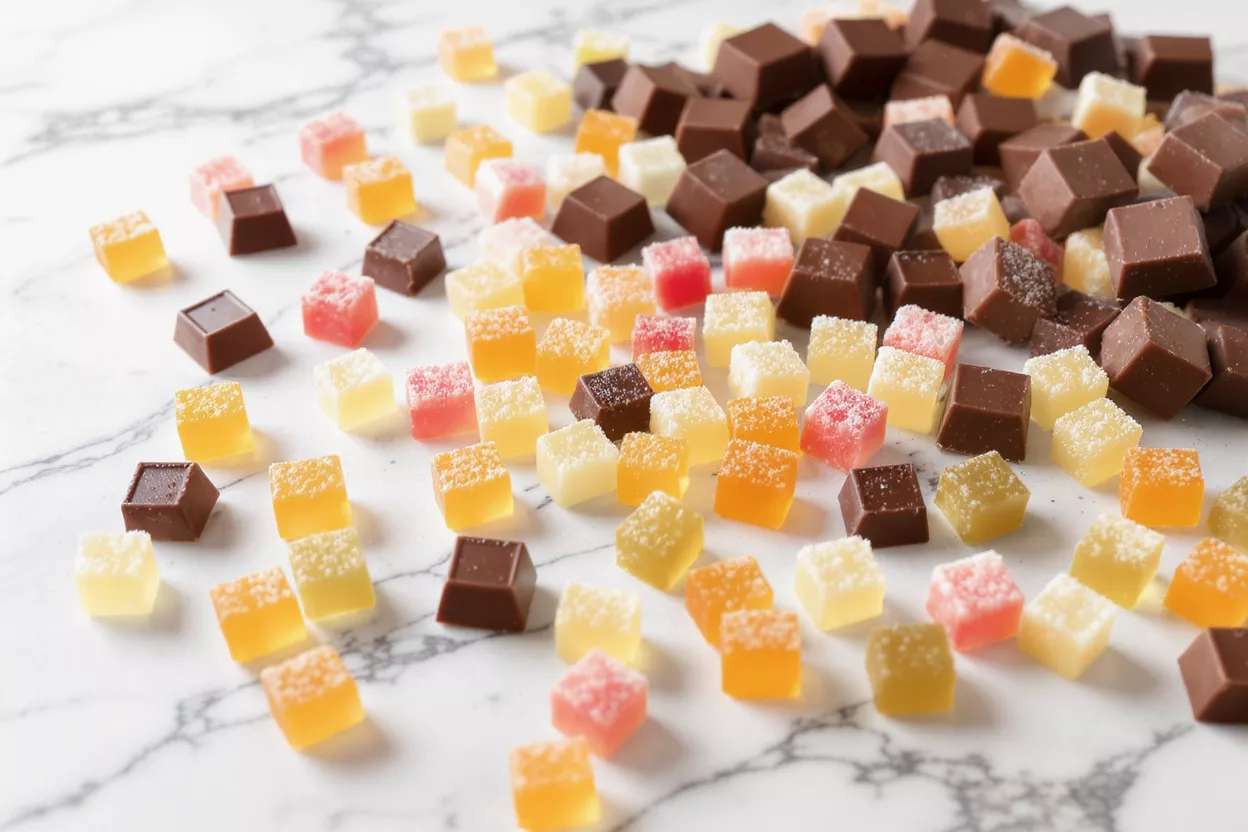 Assortment of colorful square gummies and chocolate pieces on a marble surface.