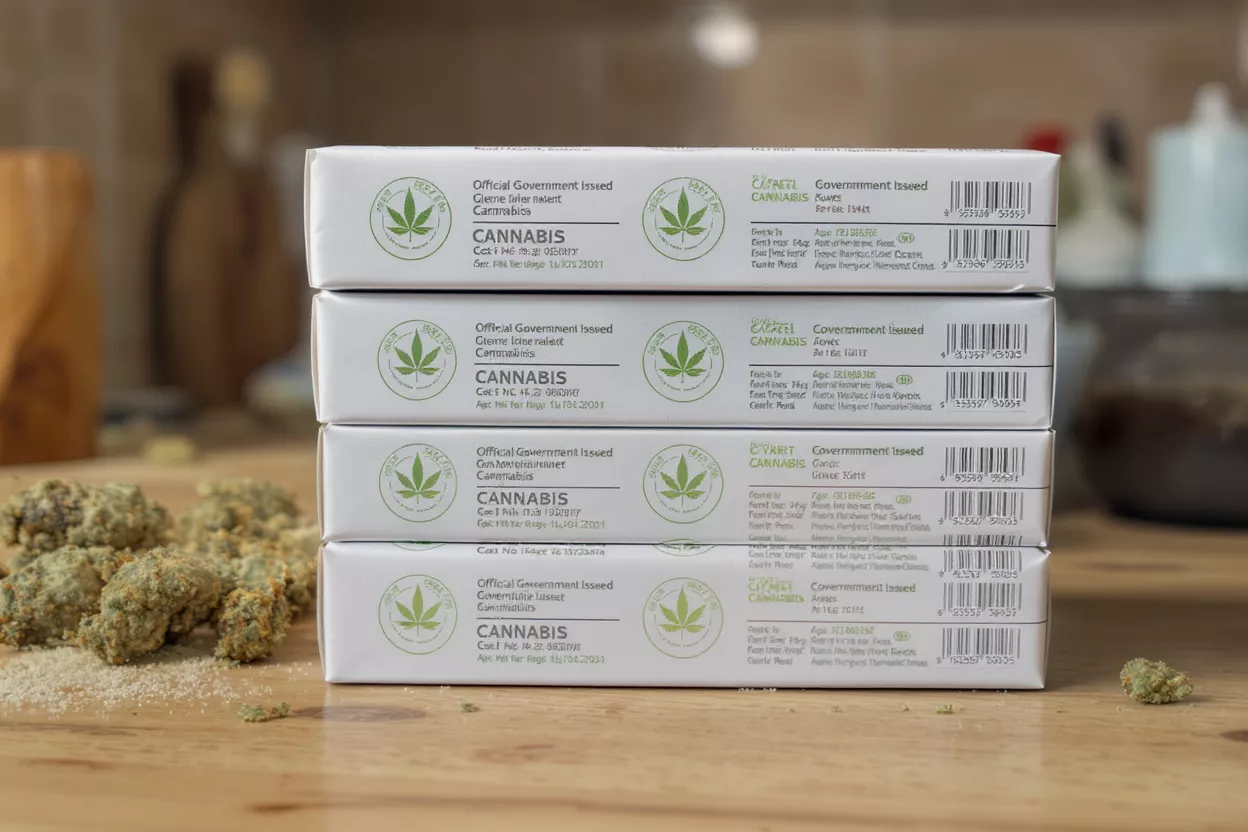 Four white boxes of government-issued cannabis stacked on a wooden surface with cannabis buds.
