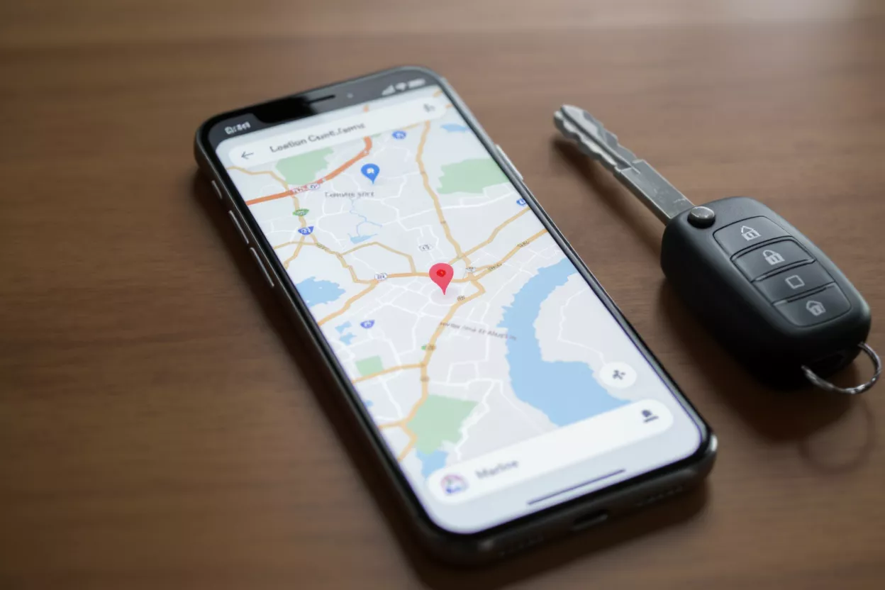 Phone GPS and Car Key Smartphone displaying a GPS map with a car key beside it on a wooden table.