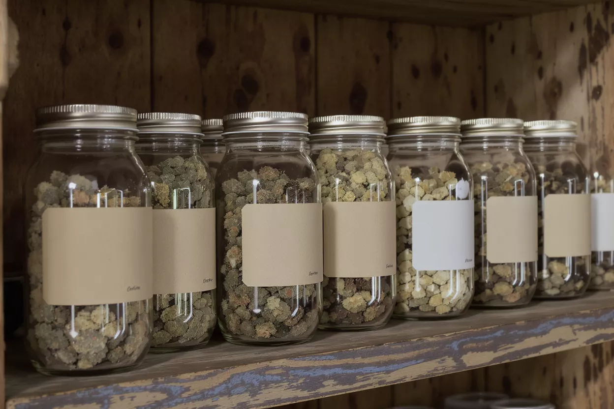 Jars of Dried Herbs and Spices Glass jars with dried herbs or spices and blank labels on a wooden shelf.