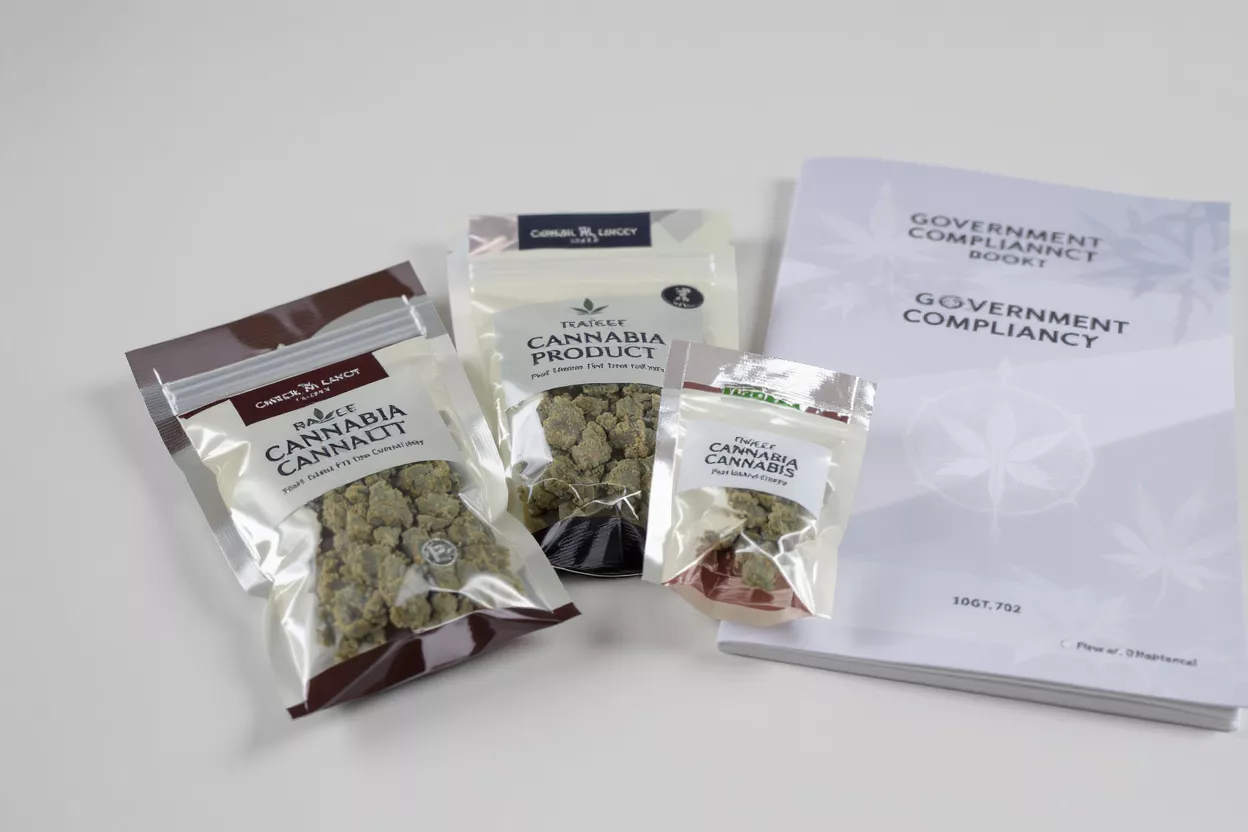 Cannabis Products and Government Compliance Three bags of cannabis products next to a 'Government Compliancy' book.