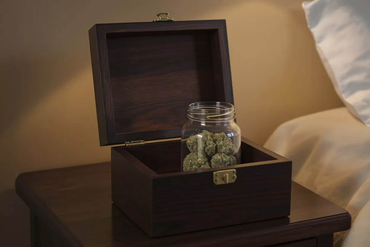 Cannabis Buds in Jar Cannabis buds in a glass jar, inside an open wooden box on a nightstand.
