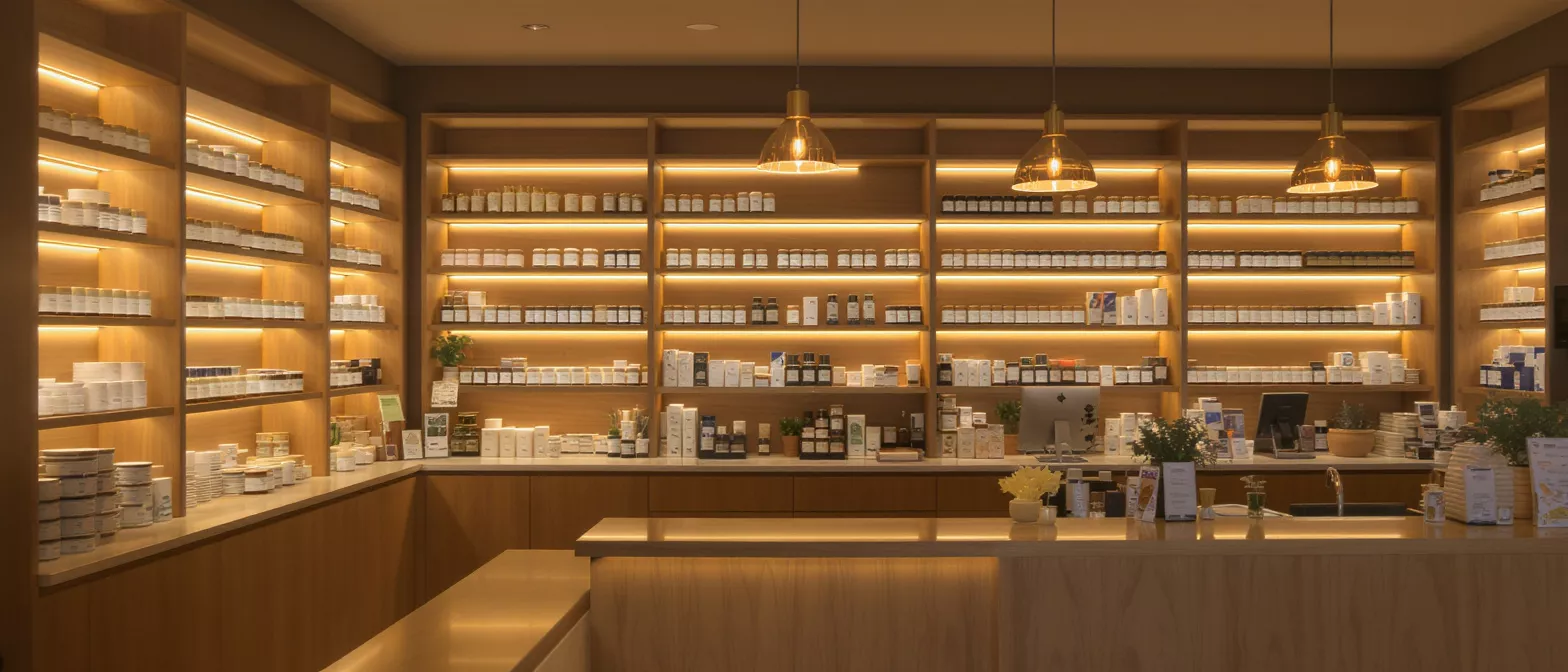 Interior of a modern apothecary store with illuminated wooden shelves filled with products.
