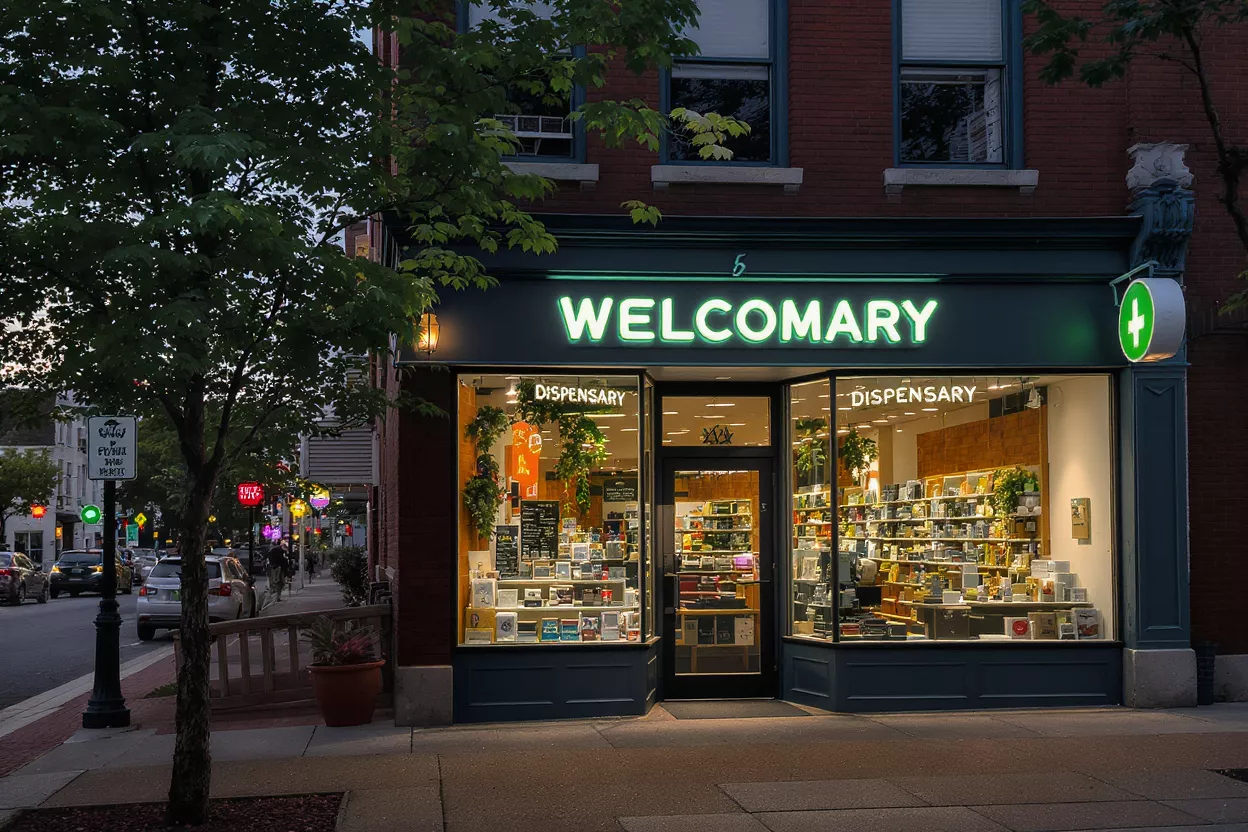 Exterior view of Welcomary Dispensary at dusk, glowing green sign.