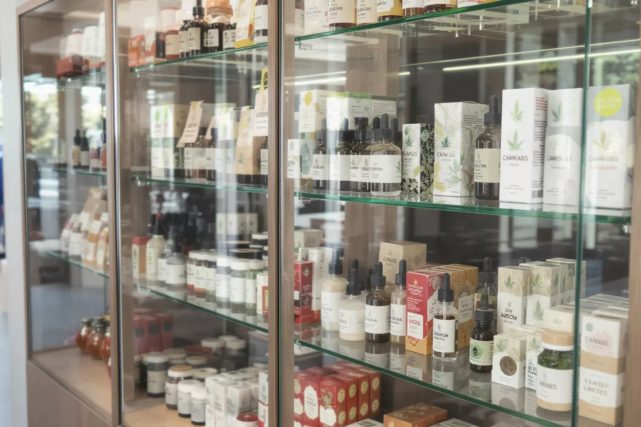 Glass display case filled with various CBD oils, tinctures, and wellness products.