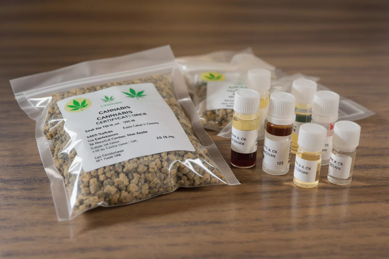 Cannabis seeds in bags and various small bottles of cannabis oil on a wooden surface.