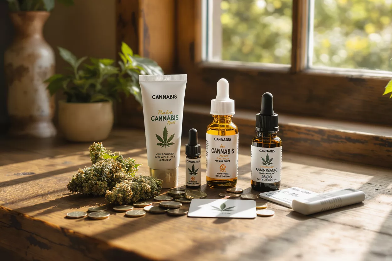 Cannabis cream, oils, buds, and coins on a wooden table by a window.