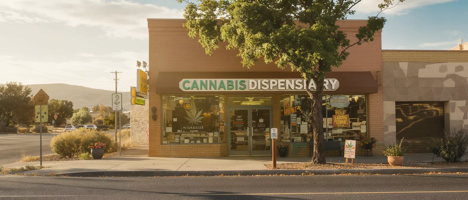 A cannabis dispensary storefront with a large sign and a tree in front.