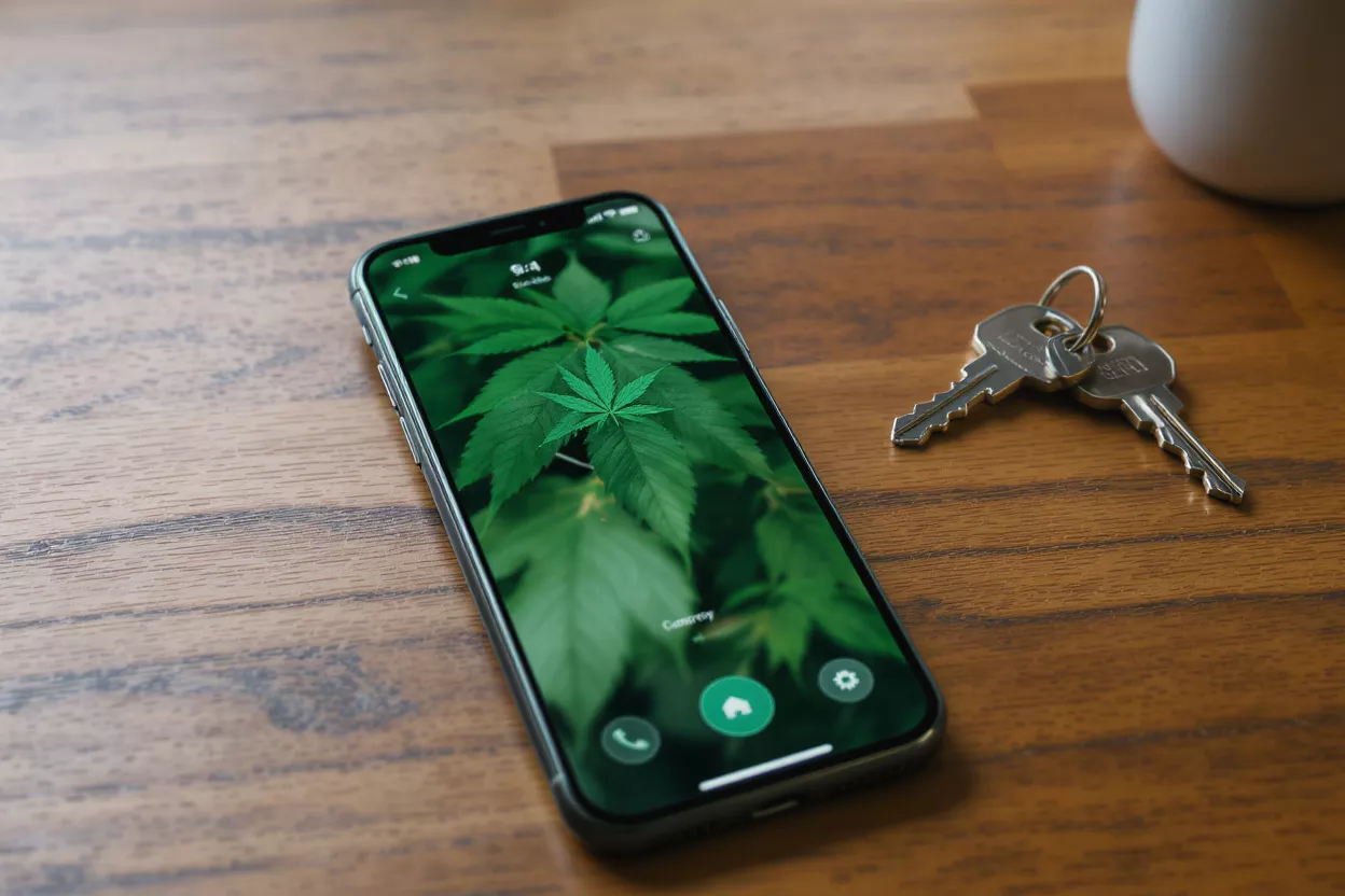 Smartphone displaying cannabis leaf wallpaper next to a pair of keys.