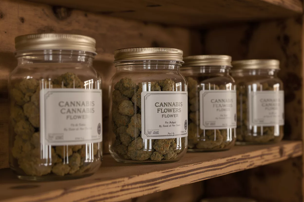 Four glass jars filled with cannabis flower buds on a rustic wooden shelf.