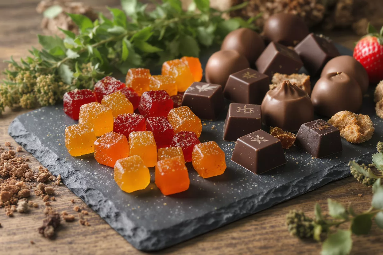 Assortment of chocolates, gummies, and herbs on a dark slate board.