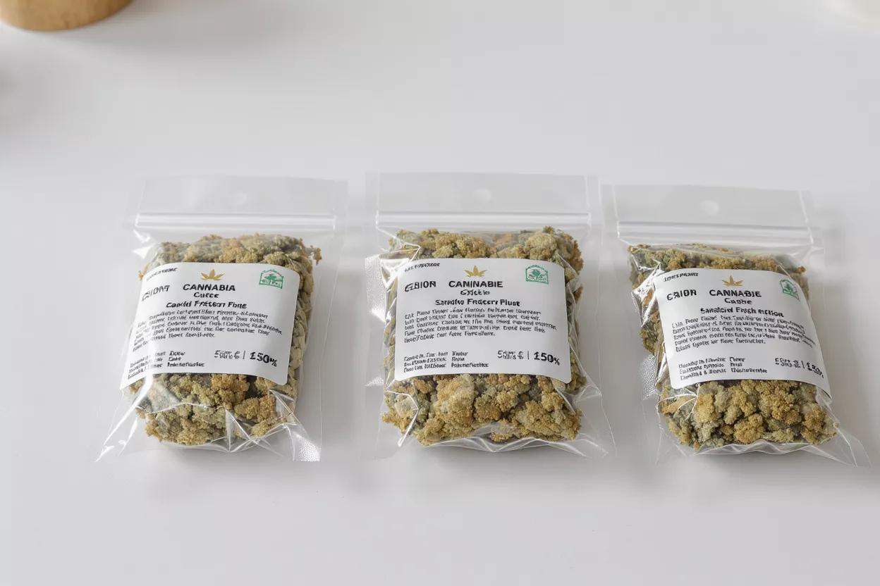 Three clear plastic bags of cannabis flower on a white surface.