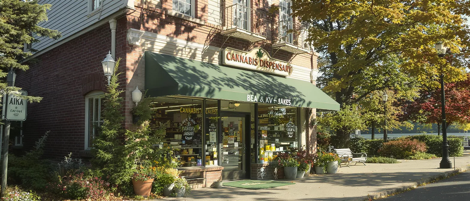 Brick building with green awning, 'Cannabis Dispensary' sign, and autumn trees.