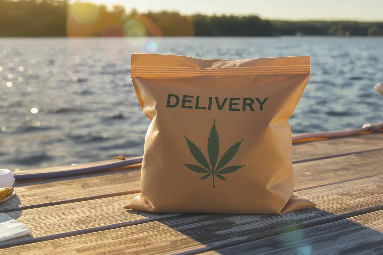Brown delivery bag with cannabis leaf and 'DELIVERY' on a wooden dock by a lake.